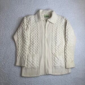 Shades of Aran women's cream Ireland full zip sweater chunk fisherman hole xl